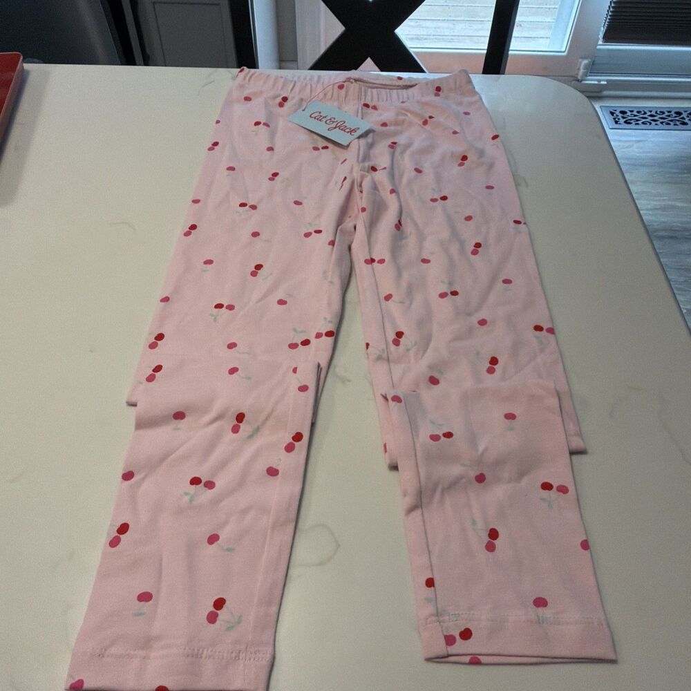 Cat & Jack Girls Pink Cherry Pajama Leggings Reinforced Knee Size Small (6-7)